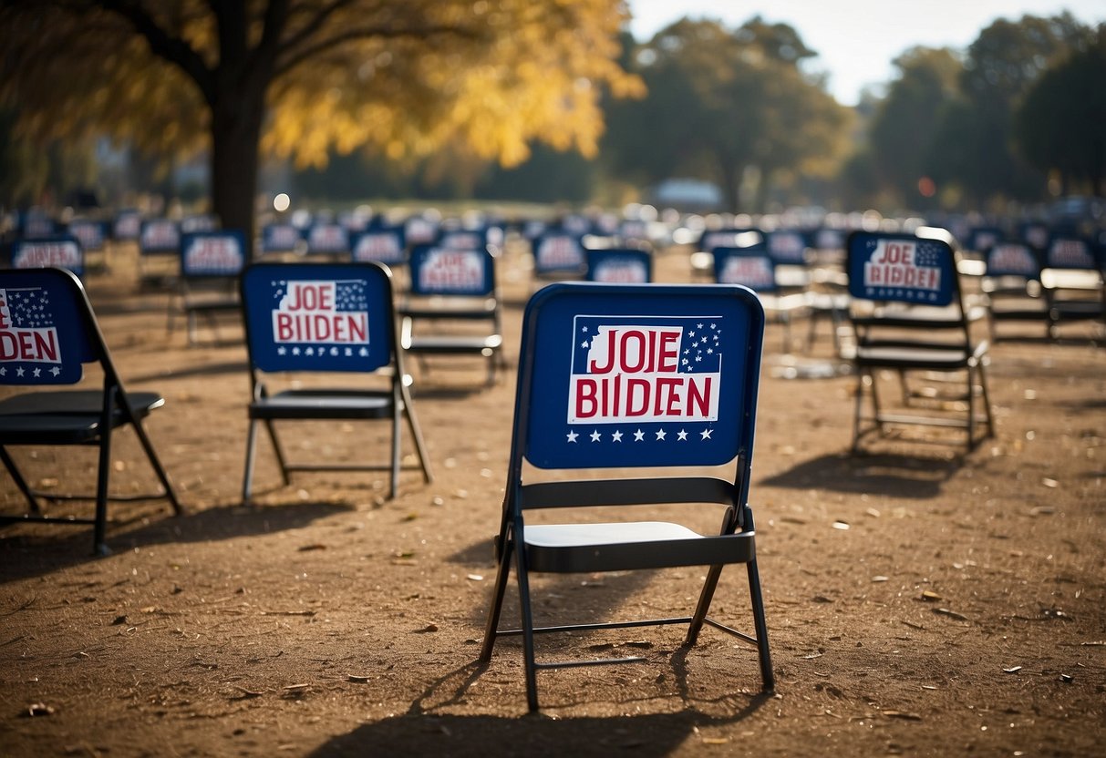 Joe Biden's campaign signs discarded on the ground, a deserted podium, and empty chairs at a rally