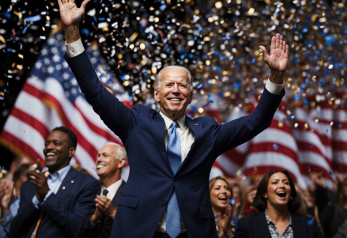 Republican opponents celebrate as Biden exits election. Flags wave, confetti falls, and cheers fill the air