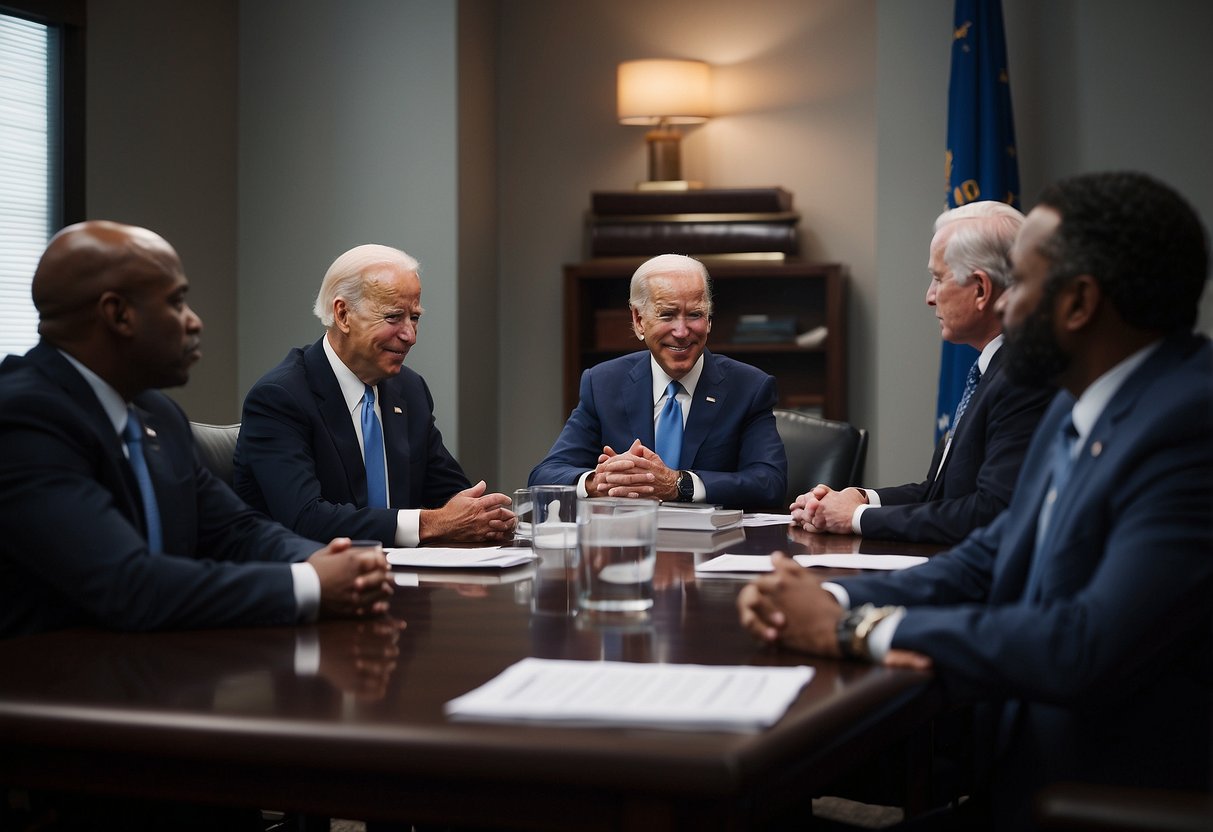 A tense meeting, Biden hesitates as others argue. Harris' image on a campaign poster looms in the background