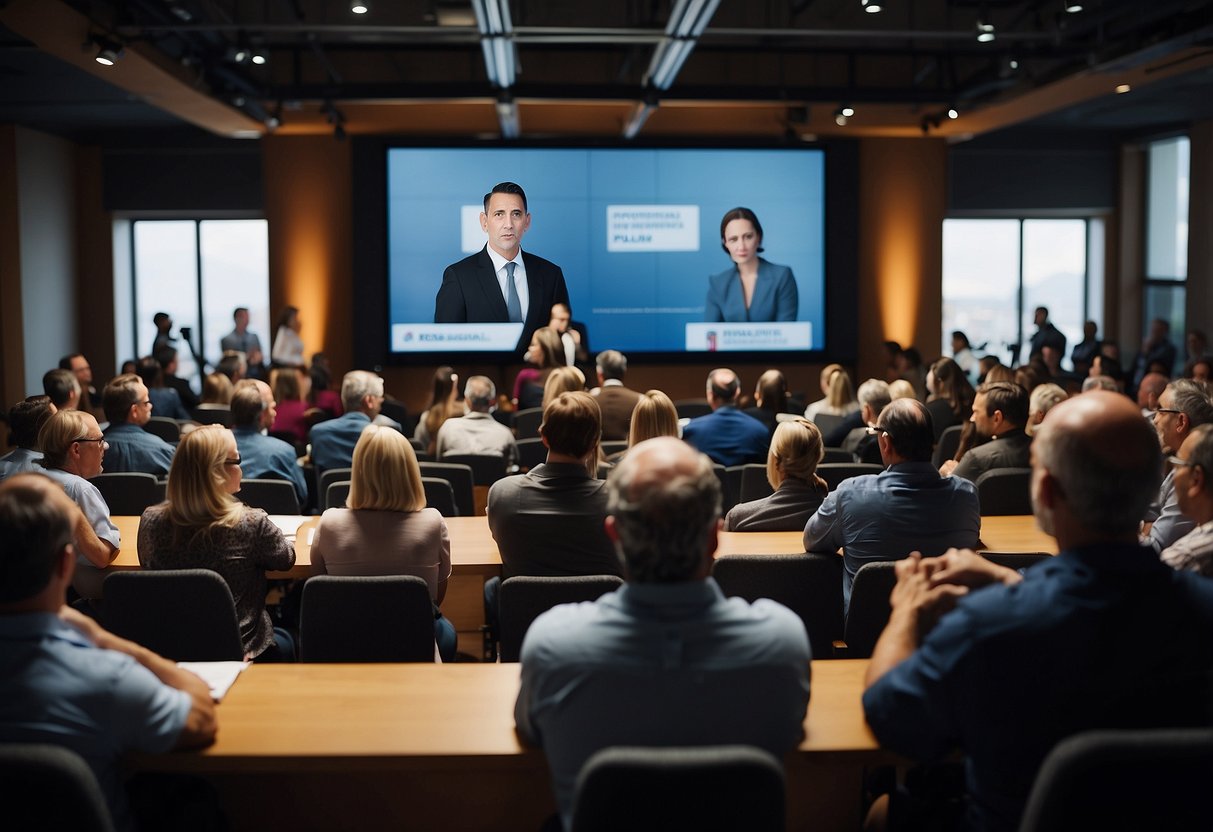 A crowded room with a podium, microphones, and a large screen displaying poll results. People are engaged in heated discussions, some looking doubtful, others determined